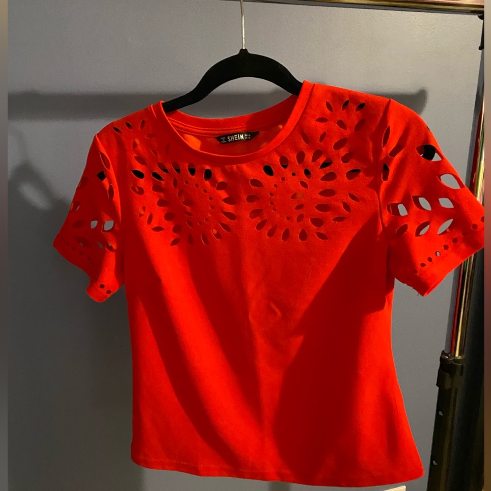 Red-Orange Cut Out Dressy T-Shirt
